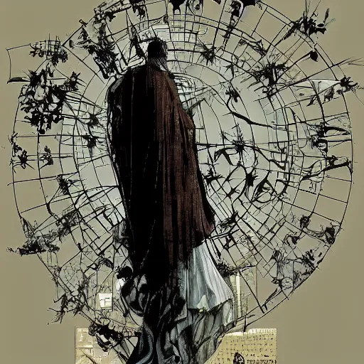 Image similar to a digital angel made of source code protects the gate to exit the simulation, matte painting by dave mckean, esao andrews and yoji shinkawa