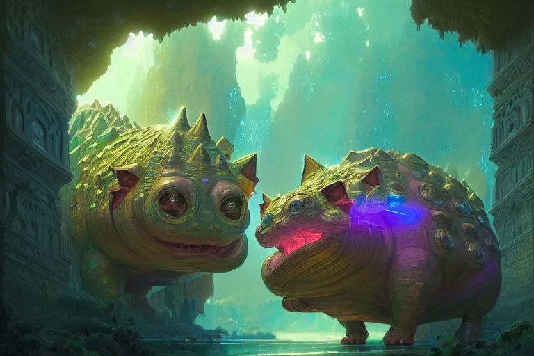 Prompt: beautiful digital fantasy illustration of a giant opulent bismuth bulbasaur!!!!!! inside an iridescent chamber, concept art by greg rutkowski, rebecca guay, and greg hildebrandt, highly detailed, soft lighting, rendered in octane, masterpiece, very very very aesthetic