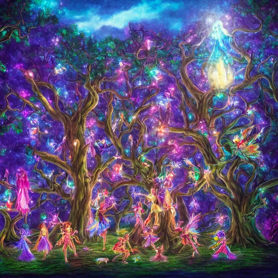 Image similar to a night carnival fairies around a magical tree next to a lake with iridiscent water, christmas lights, volumetric lightning, creatures and fantastic people disguised as fantastic creatures in a magical forest by summer night, masterpieceunderwater scene, masterpiece painted by kelton nelson, scene by night