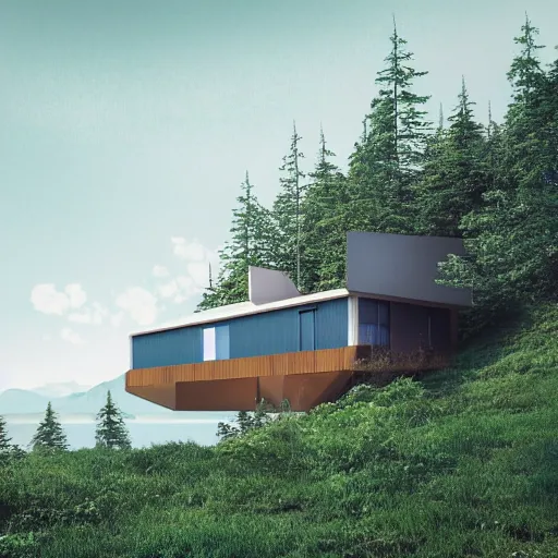 Image similar to wes anderson style modern futuristic house near the lake, snowy mountains and green forest, cinematic, realism, photo, detailed