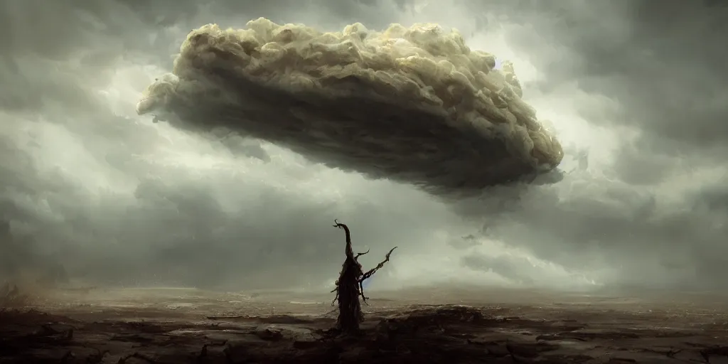 Image similar to concept art, of a horrid creature made of clouds in the sky, thunderstom, rain, dust, medieval, dark concept art, dark skies painting by wlop, nixeu and greg rutkowski, beautiful, semirealism, artstation, octane render, oil painting, sharpness, 8 k, golden ratio