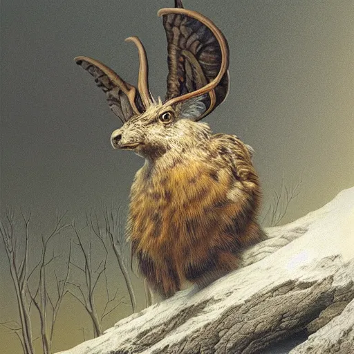 Image similar to wolpertinger highly detailed, sharp focus, digital painting, oil painting, artwork, museum work, by Robert Bateman, by Carl Brenders,