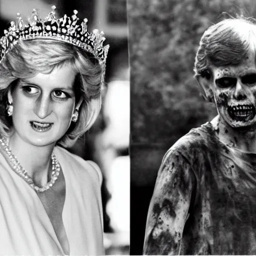 Image similar to zombie princess diana and zombie prince philip eating the queen in buckinham palace during the apocalypse cinematic dramatic hdr