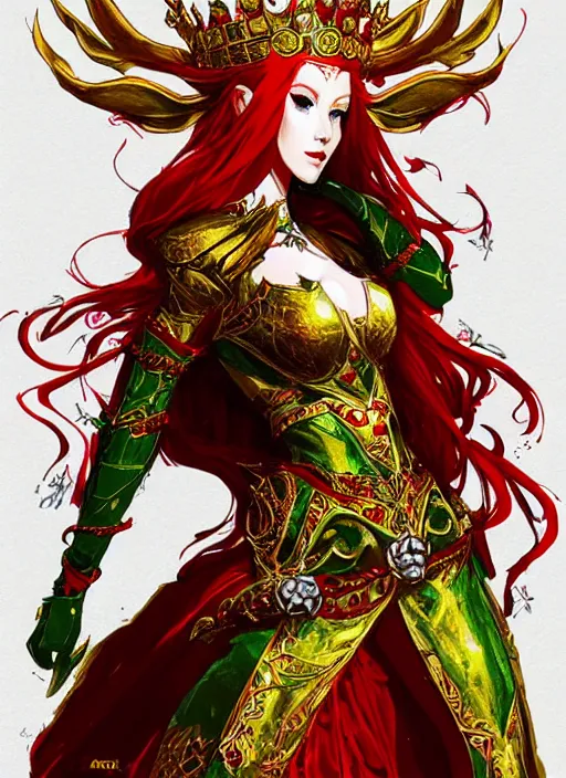 Image similar to Full body portrait of a beautiful red haired elven queen wearing red, green and gold ceremonial queen dress and elaborate golden crown. In style of Yoji Shinkawa and Hyung-tae Kim, trending on ArtStation, dark fantasy, great composition, concept art, highly detailed.