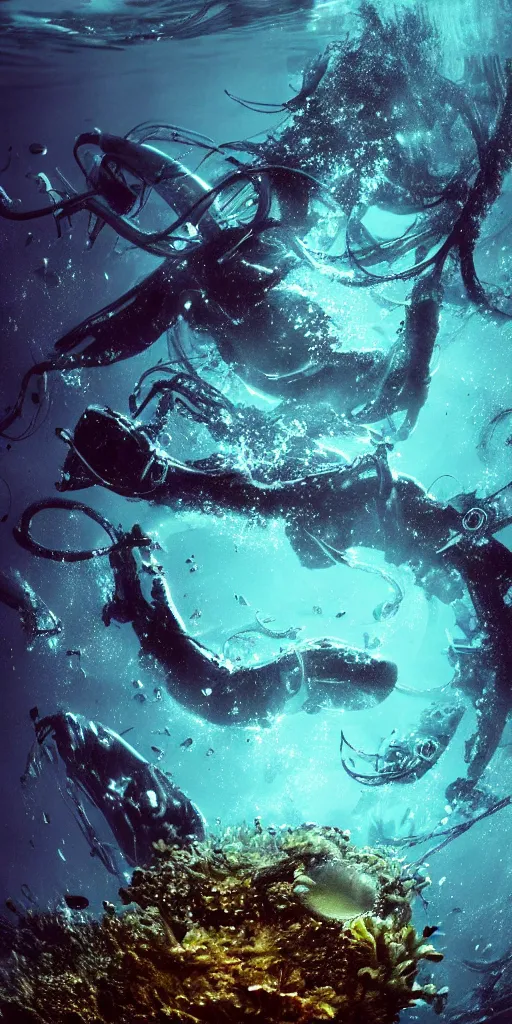 Prompt: underwater and surface water wallpaper psx of a sea with abyssal monsters in the bottom cursed photography