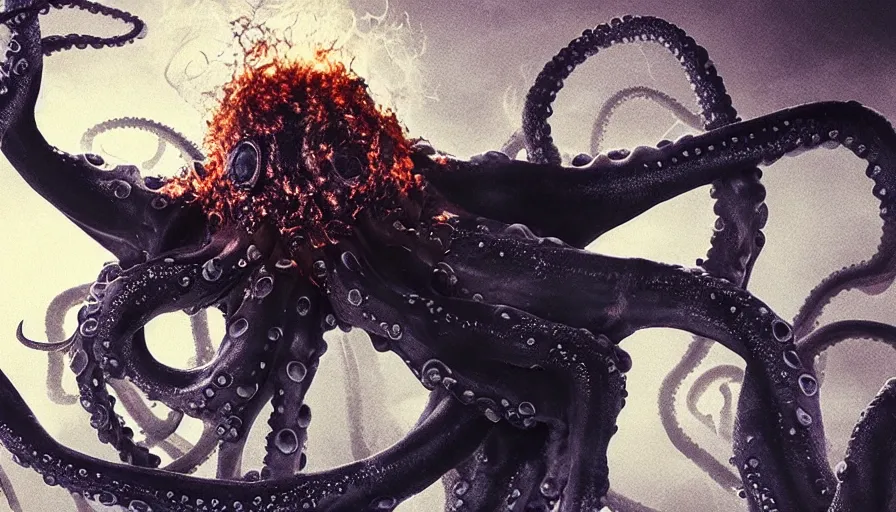 Prompt: big budget horror movie scene where an octopus explodes out of a man\'s head