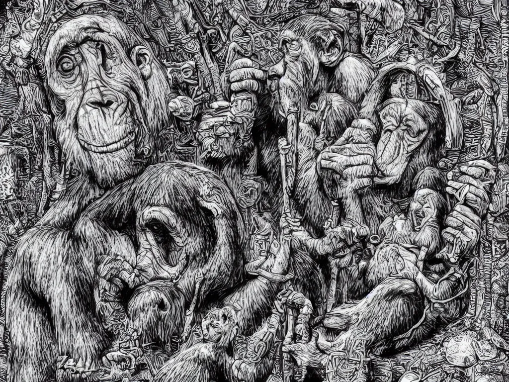 Image similar to bored ape club monkeies by Chor Boogie, intricate details, ultra detailed, 4K, award-winning, touch of M. C. Escher and Salvador Dali