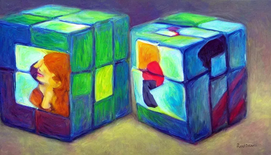 Image similar to beautiful portrait painting of companion - cube!!!!!!!!!!!! companion - cube!!!!!!!!!, monet, rhads,