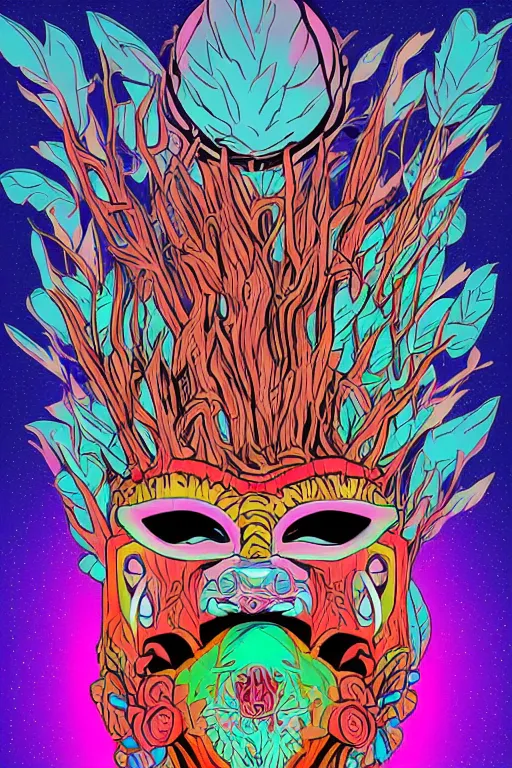 Image similar to animal mask totem roots flower tribal feather gemstone plant wood rock shaman vodoo video game vector cutout illustration vivid multicolor borderlands comics by josan gonzales and dan mumford radiating a glowing aura