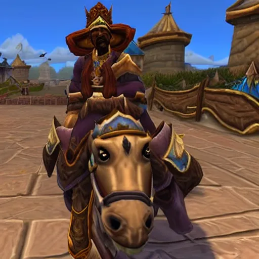 Prompt: snoop dogg riding a horse in stormwind city, warcraft