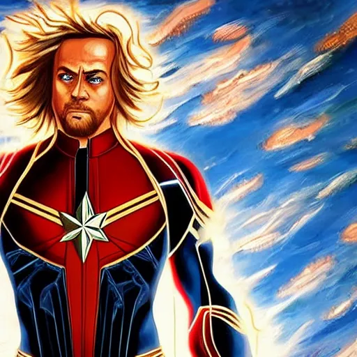 Image similar to shaggy as captain marvel, artstation hall of fame gallery, editors choice, #1 digital painting of all time, most beautiful image ever created, emotionally evocative, greatest art ever made, lifetime achievement magnum opus masterpiece, the most amazing breathtaking image with the deepest message ever painted, a thing of beauty beyond imagination or words