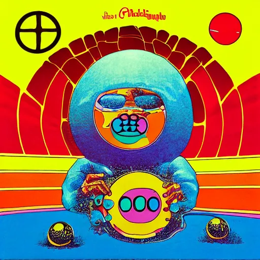 Prompt: psychedelic album art from the 7 0 s of a marshmallow creature sitting in the sun melting