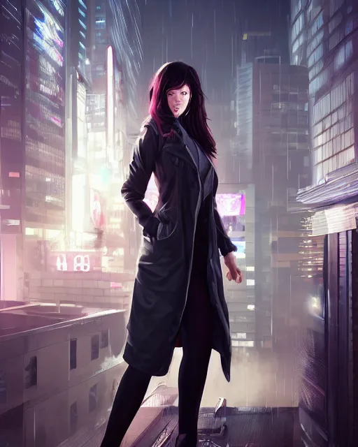 Prompt: photorealistic character portrait of a beautiful half cyborg woman with a mischievous look, the half cyborg woman is wearing a long trench coat, in a night rooftop scene by Liam Wong, character portrait in the style of Artgerm and NeoArtCorE