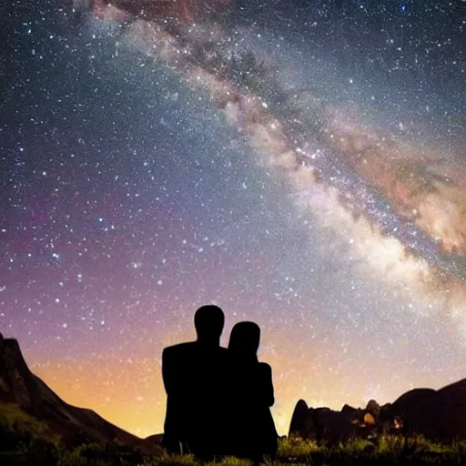 Image similar to a beautiful landscape showing mountains, stars and galaxies in the background. The silhouet of a young couple sits in the foreground