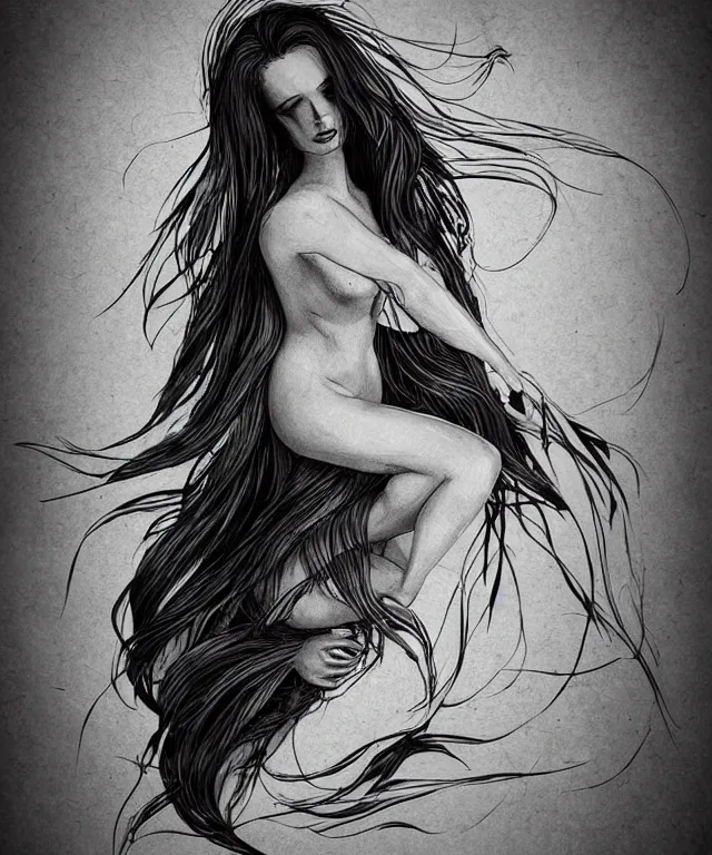 Image similar to black and white illustration, creative design, dark fantasy, beautiful mermaid, full body, swimming in ocean, fish tail bikini top flowing hair