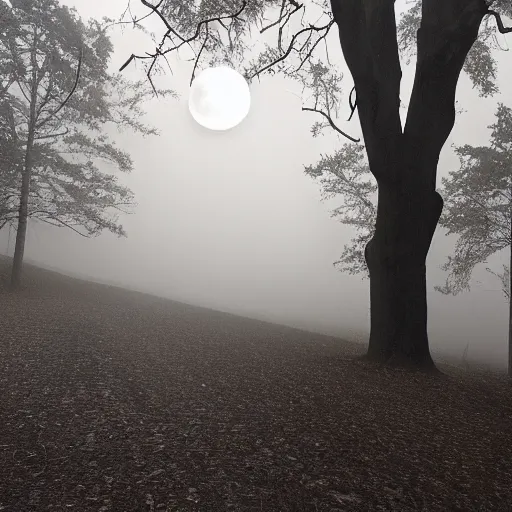 Image similar to huge owl with outstretched wings flapping flying at night through fog in the forest lit by the full moon fog moving through feathers