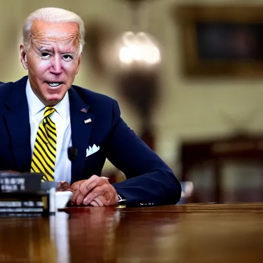 Image similar to Joe Biden lost in the backrooms, old moist carpet, mono-yellow, fluorescent lights, randomly segmented rooms, eerie