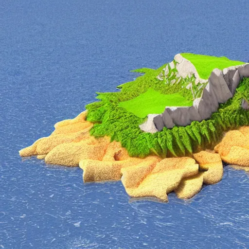 Image similar to a 3D render of an island made of feathers and cheese