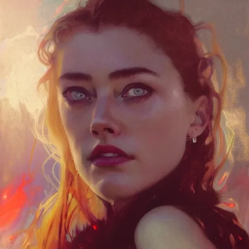 Image similar to hyperrealistic portrait of a woman as amber heard drinking wine in hell by jeremy mann and alphonse mucha, fantasy art, photo realistic, dynamic lighting, artstation, poster, volumetric lighting, very detailed faces, 4 k, award winning