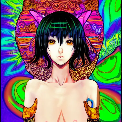 Prompt: catgirl with short hair, psychedelic art, anime style, highly detailed, LSD