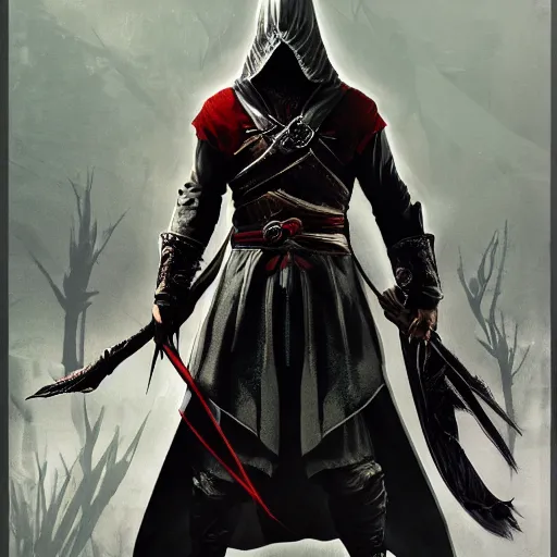 Image similar to an ultra detailed vector image of ezio auditore dressed as the hunter from bloodborne, concept art by alphonse mucha and greg rutkowski, praise the blood moon, octane render, liminal space