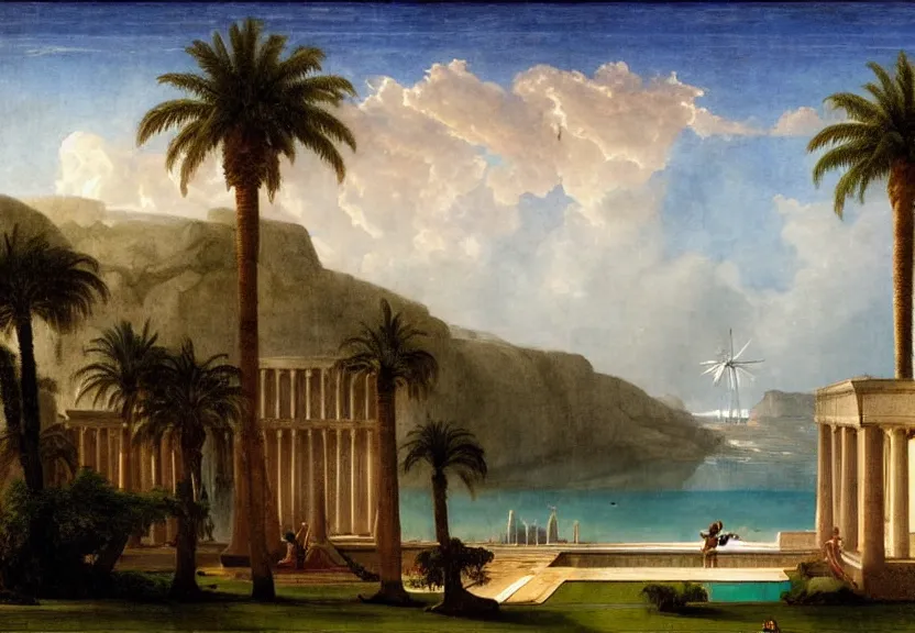 Image similar to Palace floating in the sky, 1km tall, thunderstorm, greek pool, beach and palm trees on the background major arcana sky, by paul delaroche, hyperrealistic 4k uhd, award-winning, very very very detailed