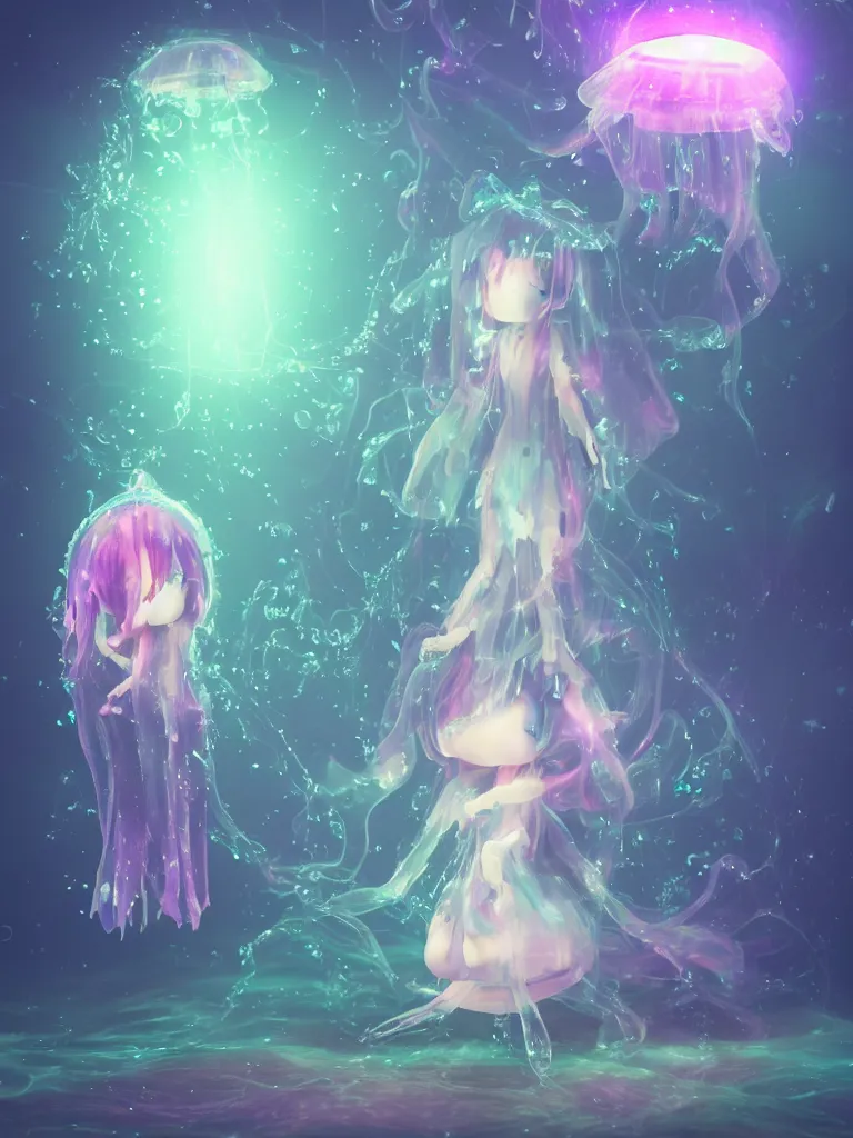 Image similar to cute fumo plush of an otherworldly translucent jellyfish goth girl floating in the deep sea, mysterious tattered maiden tendrils and dress, anime, heavy rain reflective water surface, glowing lens flare green wraith girl, wisps of volumetric fog and smoke in refracted vortices, vignette, bokeh, vray