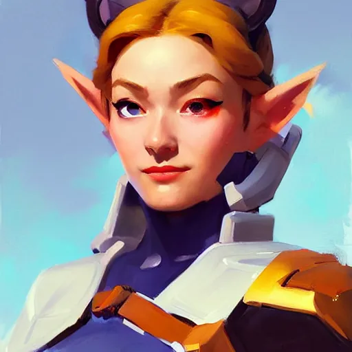 Image similar to Greg Manchess portrait painting of Zelda as Overwatch character, medium shot, asymmetrical, profile picture, Organic Painting, sunny day, Matte Painting, bold shapes, hard edges, street art, trending on artstation, by Huang Guangjian and Gil Elvgren and Sachin Teng