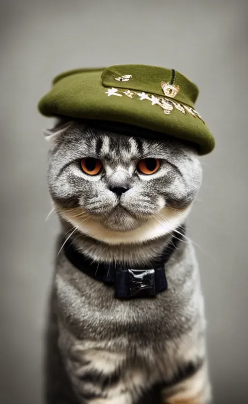 Image similar to portrait photo of scottish fold cat, with military hat, highly detailed, high resolution, cosplay photo, stunning, girls frontline style, bokeh soft, 1 0 0 mm, trending on instagram, by professional photographer, soldier clothing, shot with a canon, low saturation