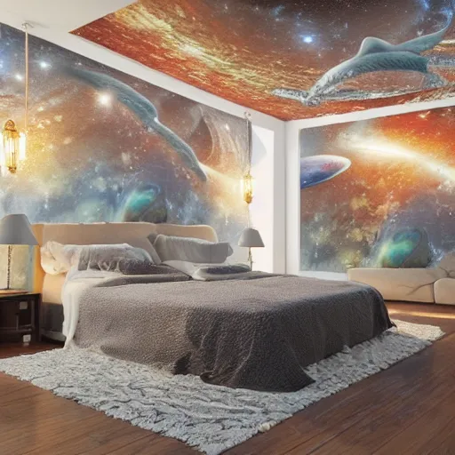 Image similar to a cozy bohemian bedroom interior with wall murals of space whales, detailed, high resolution, wow!, intricate, volumetric lighting, raytracing