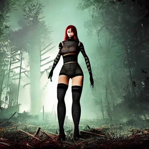 Image similar to A girl in fishnet stockings and power armor stands against the background of a radioactive forest, graphics, fallout 4 render, 3d computer render, maximum details, rain, night, spotlight,