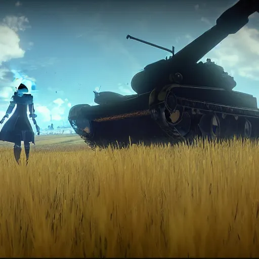 Image similar to russian tank boss fight from nier : automata in yellow rye field under pure blue skies