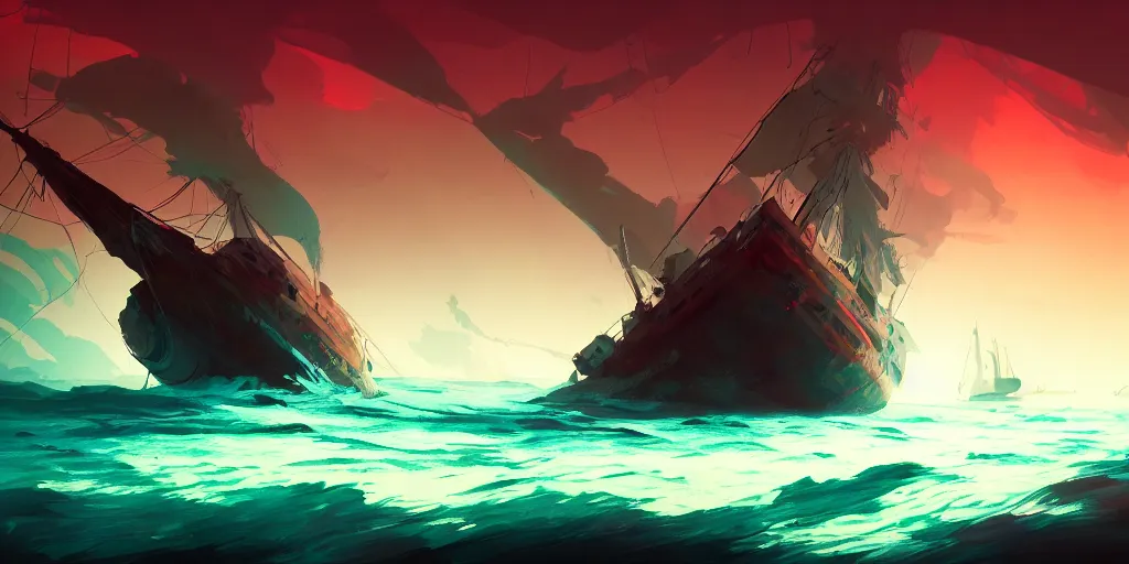 Prompt: concept art by jama jurabaev, cel shaded, cinematic shot, trending on artstation, high quality, brush stroke, vibrant colors, a ghost ship immersed in the mysterious sea bottom