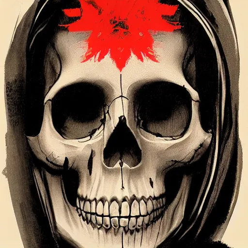 Image similar to painting of the virgin mary skull face by greg rutkowski and andy warhol