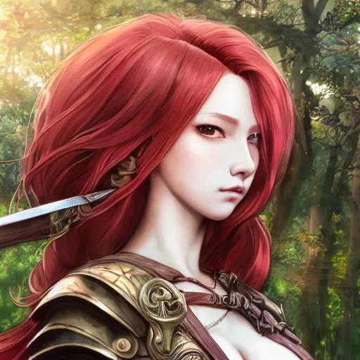 Image similar to a red haired female knight as an absurdly beautiful, elegant, young sensual anime girl, forest background, ultrafine hyperrealistic detailed face illustration by kim jung gi, irakli nadar, intricate linework, sharp focus, bright colors, matte, octopath traveler, final fantasy, unreal engine highly rendered, global illumination, radiant light, intricate environment