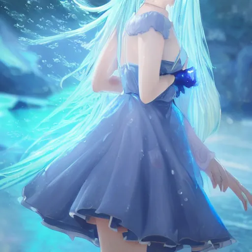 Prompt: advanced digital painting , a very cute anime girl wearing a dress made of water standing in a crystal lake turning into mist , full body, very long black hair, azure blue watery eyes, full round face, cinematic lighting, MCU, mid-shot, highly detailed, trending on artstation, Unreal Engine 4k, Artgerm , WLOP, Rossdraws, James Jean, Andrei Riabovitchev, Marc Simonetti, and Sakimichan