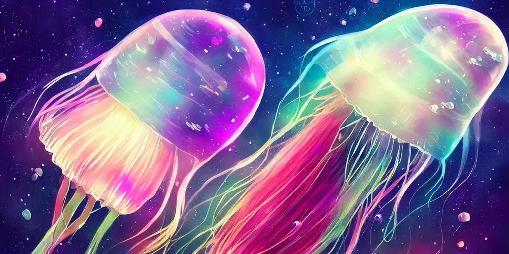 Image similar to Beautiful colored jellyfish in space, gorgeous, amazing, elegant, intricate, highly detailed, digital painting, artstation, concept art, sharp focus, illustration, art by Ross tran