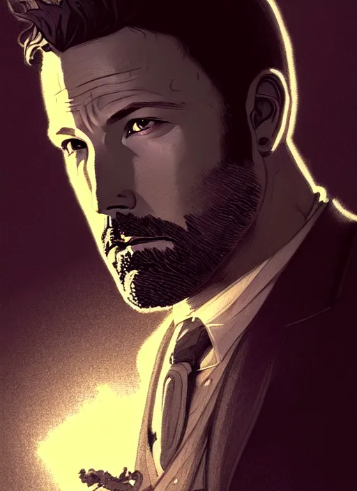 Prompt: portrait of ben affleck, volumetric lights, feast, music notes, art nouveau botanicals, gothic, intricate, highly detailed, digital painting, artstation, concept art, smooth, sharp focus, symmetric face, illustration, steampunk, art by artgerm and greg rutkowski and alphonse mucha