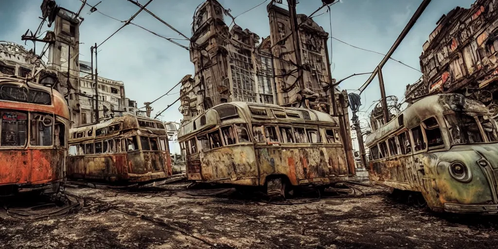 Image similar to low wide angle shot of dilapidated fallout 5 europa, retro futuristic overgrown euro cityscapes, desolate, dilapidated neon signs, few rusted retro futuristic vintage parked vehicles like cars, buses, trucks, trams, volumetric lighting, photorealistic, daytime, spring, clear weather, sharp focus, ultra detailed, 3 5 0 0 k