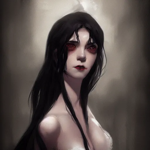 Image similar to female human vampire witch in the style of greg rutkowski, makoto shinkai, trending on artstation, character design, concept art, pretty face, highly detailed, long black hair, portrait, digital art