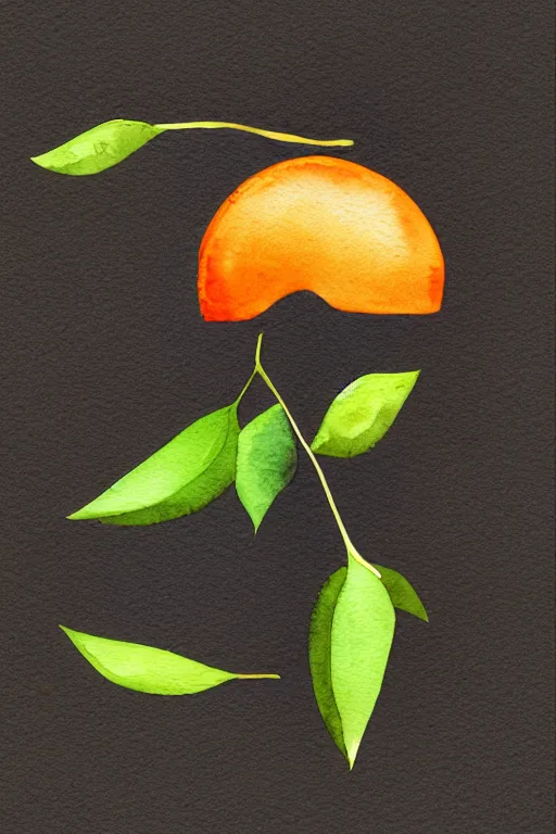 Image similar to minimalist watercolor art of an orange with green leaves, illustration, vector art