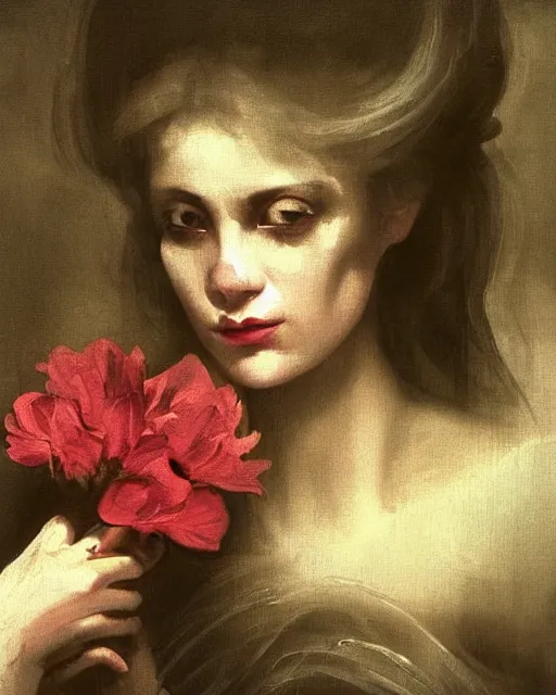 Prompt: a beautiful and eerie baroque painting of a beautiful but serious woman in layers of fear, in dead space, with haunted eyes and dark hair, 1 9 7 0 s, seventies, floral wallpaper, wilted flowers, a little blood, morning light showing injuries, delicate embellishments, painterly, offset printing technique, by robert henri, walter popp, alan lee