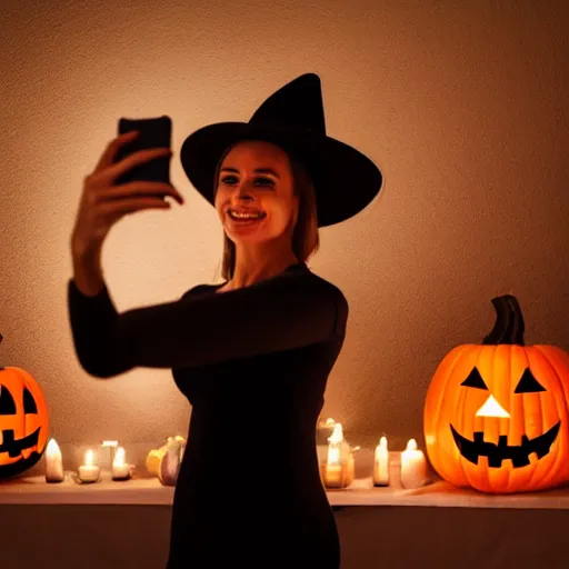 Prompt: A woman takes a selfie in a dark and spooky room, the only light coming from a flickering candle, as she smiles for the camera, in a Halloween style.