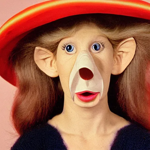 Image similar to woman with a nostril face, long snout, 1974 wacky live-action children's television show, archival footage, technicolor film