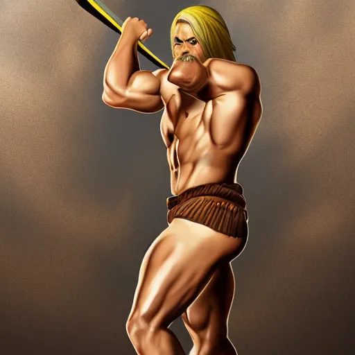 Prompt: camera footage of muscular man holding a sword with close - cropped blond hair and a long and yellow horseshoe mustache wearing brown sandals and short pants, 4 k, detailed, realistic, full body, real life