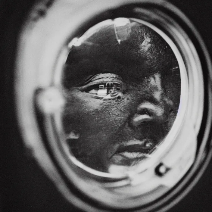 Prompt: analogue photo of an African tribal chief looking out the porthole window of a spaceship, close-up, earth in reflection, photo shot by martha cooper, 35mm,