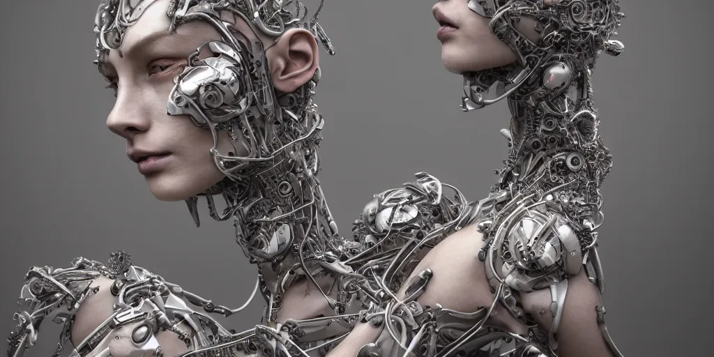 Image similar to hyper realistic photography of a stunningly beautiful cyborg female, plated arm, intimate, chest, holding close, ribbons, in the style of beth cavener, jin kagetsu,, and wlop, highly detailed, intricate filigree, symmetry, masterpiece, award winning, sharp focus, concept art, highkey lighting, ambient lighting, octane render, 8 k, artstation