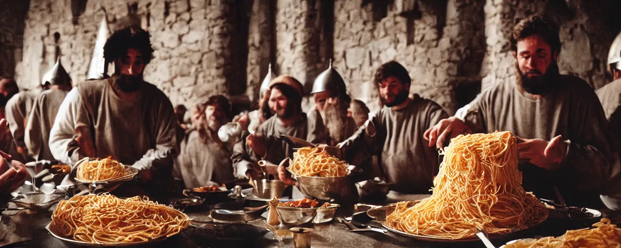 Prompt: knights protecting a giant mound of spaghetti, in a medieval castle, canon 5 0 mm, super detailed face, facial expression, cinematic lighting, photography, retro, film, kodachrome