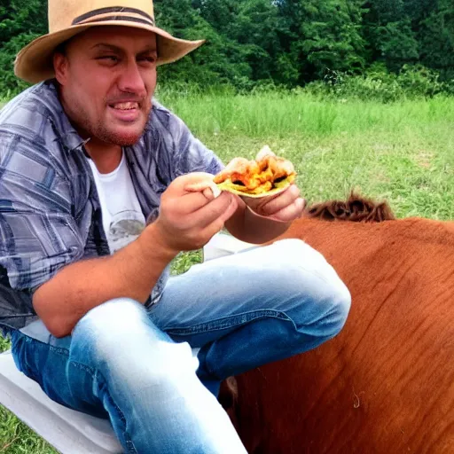 Image similar to an attractive man with brown hair eating shrimp while riding a cow