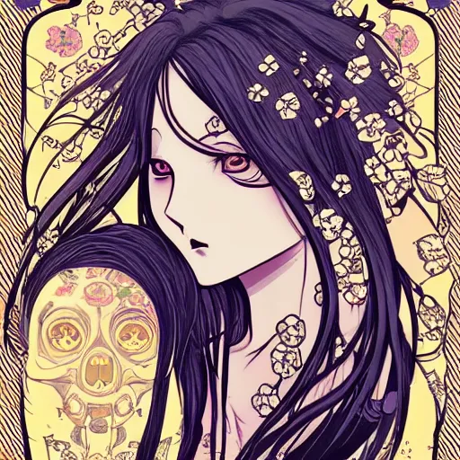 Image similar to anime manga skull portrait woman hair floral details comic skeleton illustration style by Alphonse Mucha and James Jean and Sainer Etam pop art nouveau